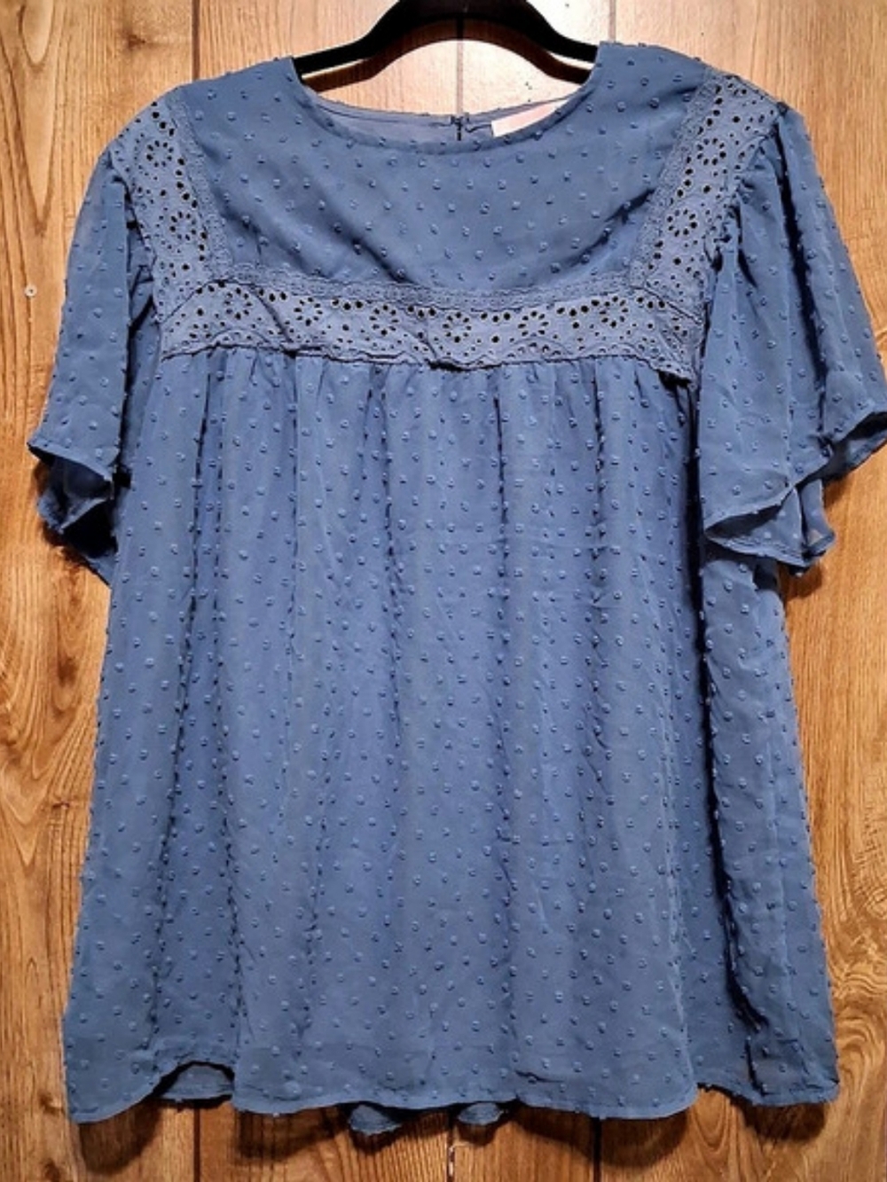 Slate Blue Swiss Dot Fluttery Blouse Short Sleeve Fairy Fluttery Bohemian